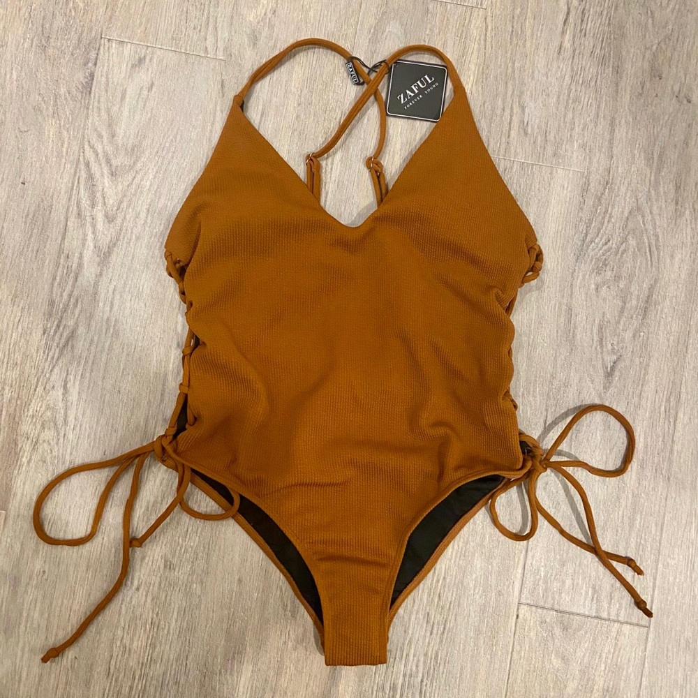 NWT Zaful Lace-up Cross High Cut Swimsuit- Brown L